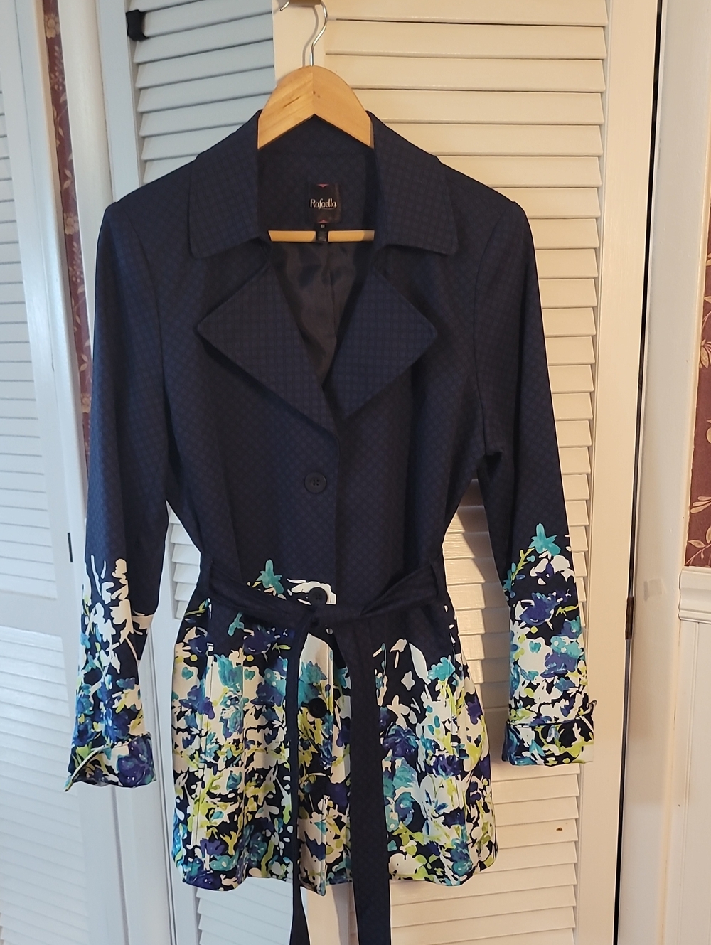 Rafaella Navy Trench Coat with Floral Hem and Cuffs